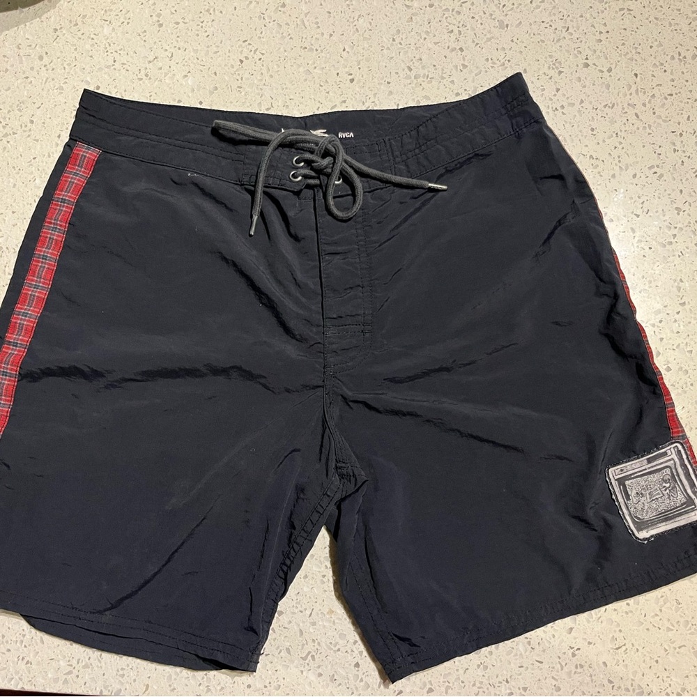 RVCA Black Swim Board Shorts with Red Plaid Side Stripes